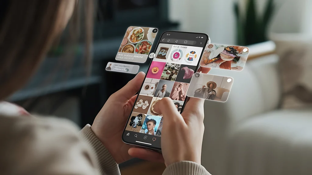 Persona utilizando un teléfono inteligente para navegar por redes sociales, con iconos de publicaciones y notificaciones emergentes, representando la gestión de redes sociales en Zaragoza.