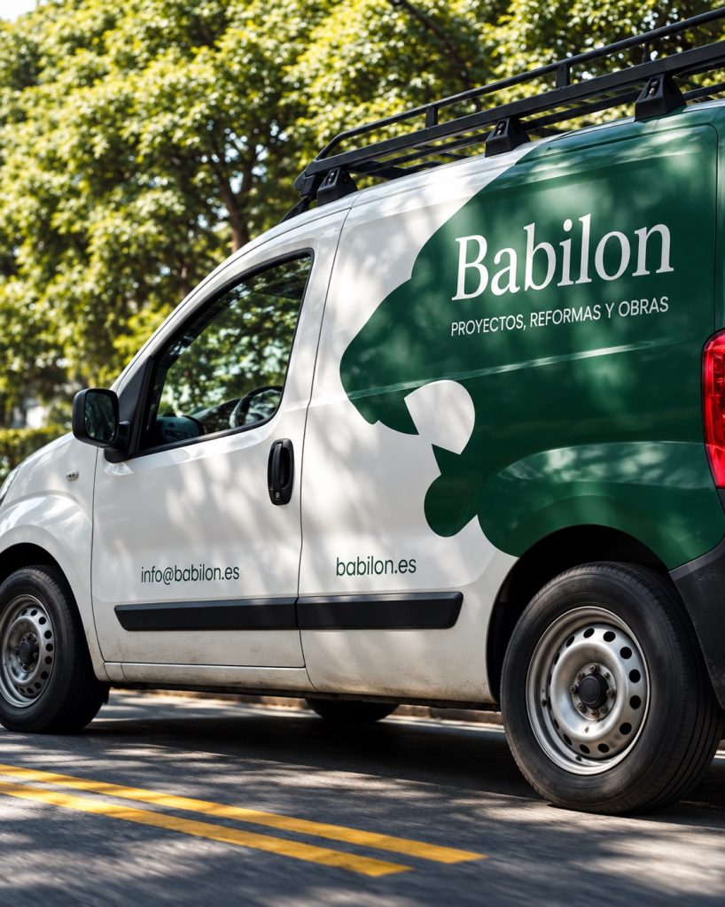 Furgoneta de Babilon rotulada con la identidad de la marca
